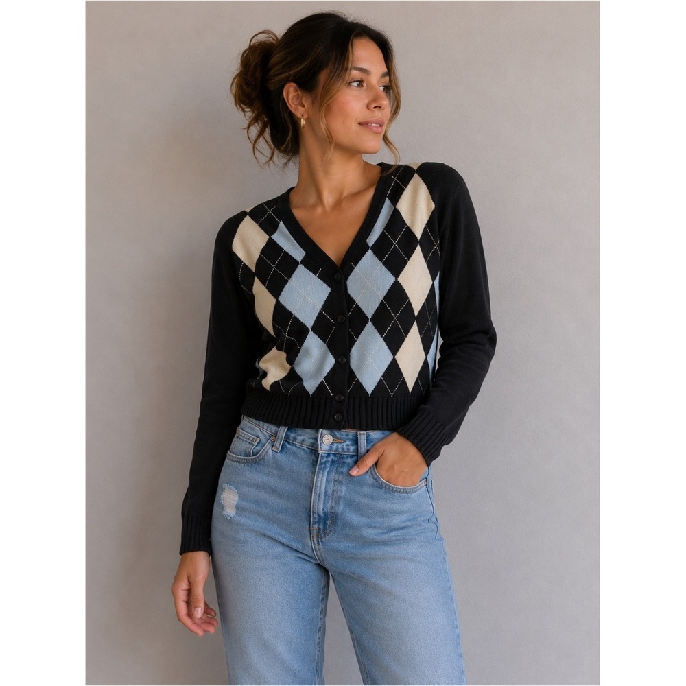 Brandy Melville Argyle Cardigan Sweater Knitwear Blue Black Pattern